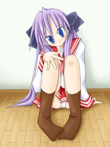hiiragi kagami, lucky star, lowres, 00s, blue eyes, blue hair, panties, school uniform, serafuku, underwear