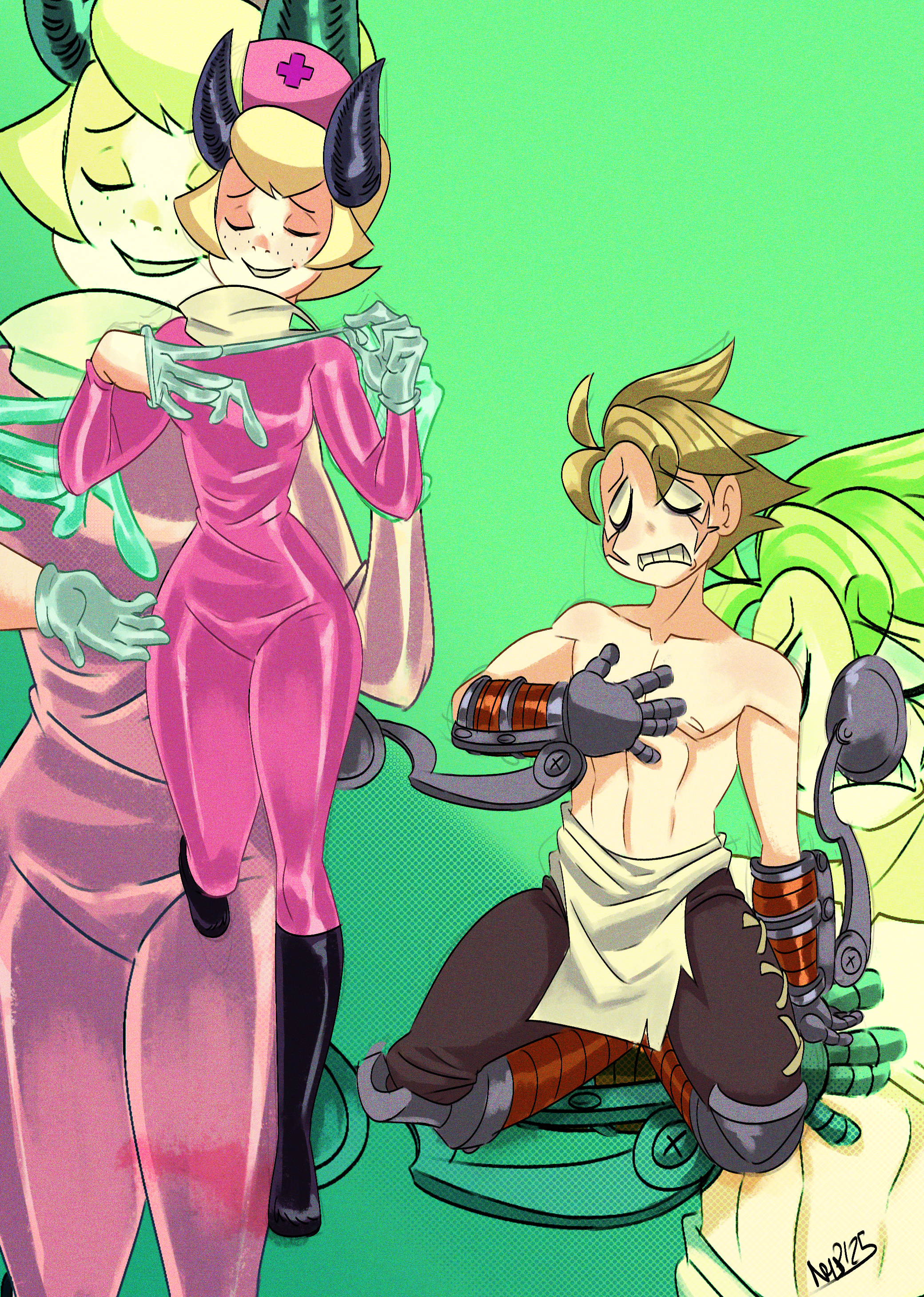 nrhp183, easter (skullgirls), leduc (skullgirls), patty (skullgirls), skullgirls, blonde hair, bodysuit, boots, freckles, gloves, grin, horns, implied molestation, latex, latex bodysuit, latex boots, latex gloves, removing glove, shirtless male, smile