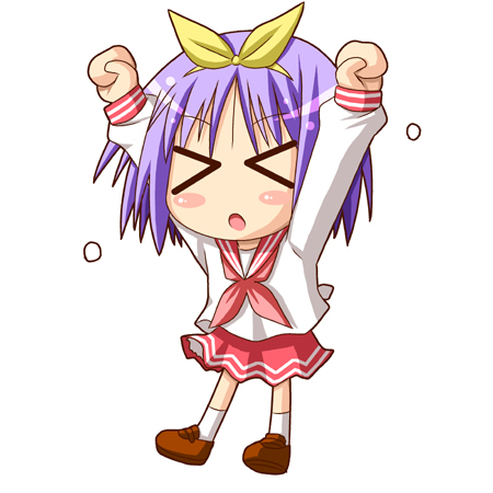 minami (colorful palette), hiiragi tsukasa, lucky star, lowres, > <, 00s, blue eyes, blue hair, chibi, closed eyes, hair ribbon, purple hair, ribbon, school uniform, serafuku, short hair, solo