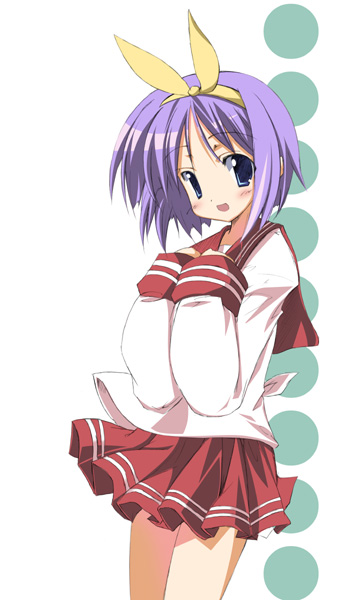 sen (astronomy), hiiragi tsukasa, lucky star, 00s, 1girl, :d, blue eyes, blue hair, cowboy shot, female focus, long sleeves, looking at viewer, matching hair/eyes, miniskirt, open mouth, own hands together, pink hair, pleated skirt, red skirt, sailor collar, school uniform, serafuku, short hair, simple background, skirt, smile, solo, white background