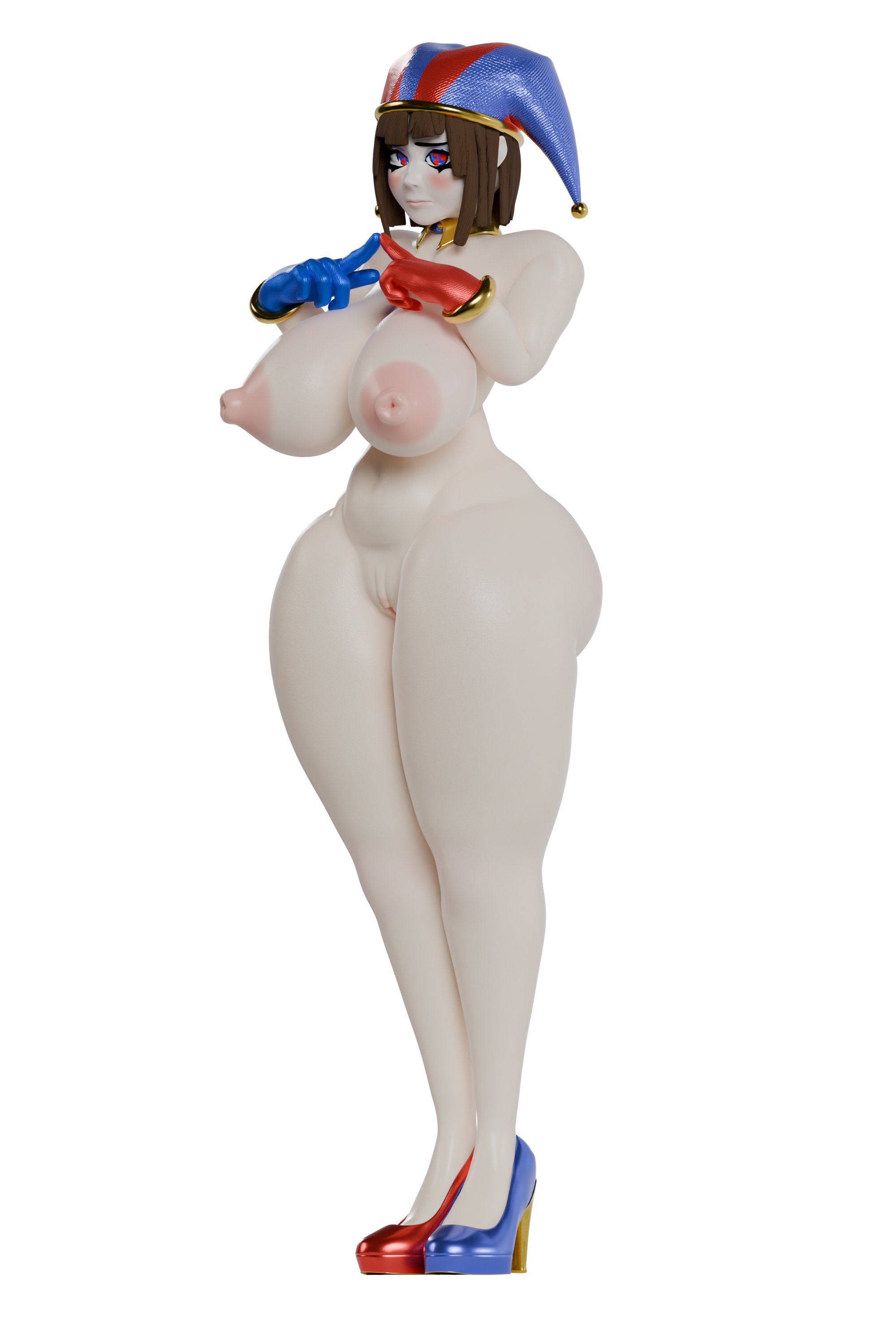 coel3d, pomni (the amazing digital circus), glitch productions, the amazing digital circus, 3d, alternate body size, alternate breast size (larger), gloves, hat, high heels, jester, jester cap, multicolored eyes, nipples, nude, pussy, short hair, thick thighs, thighs, two-tone eyes