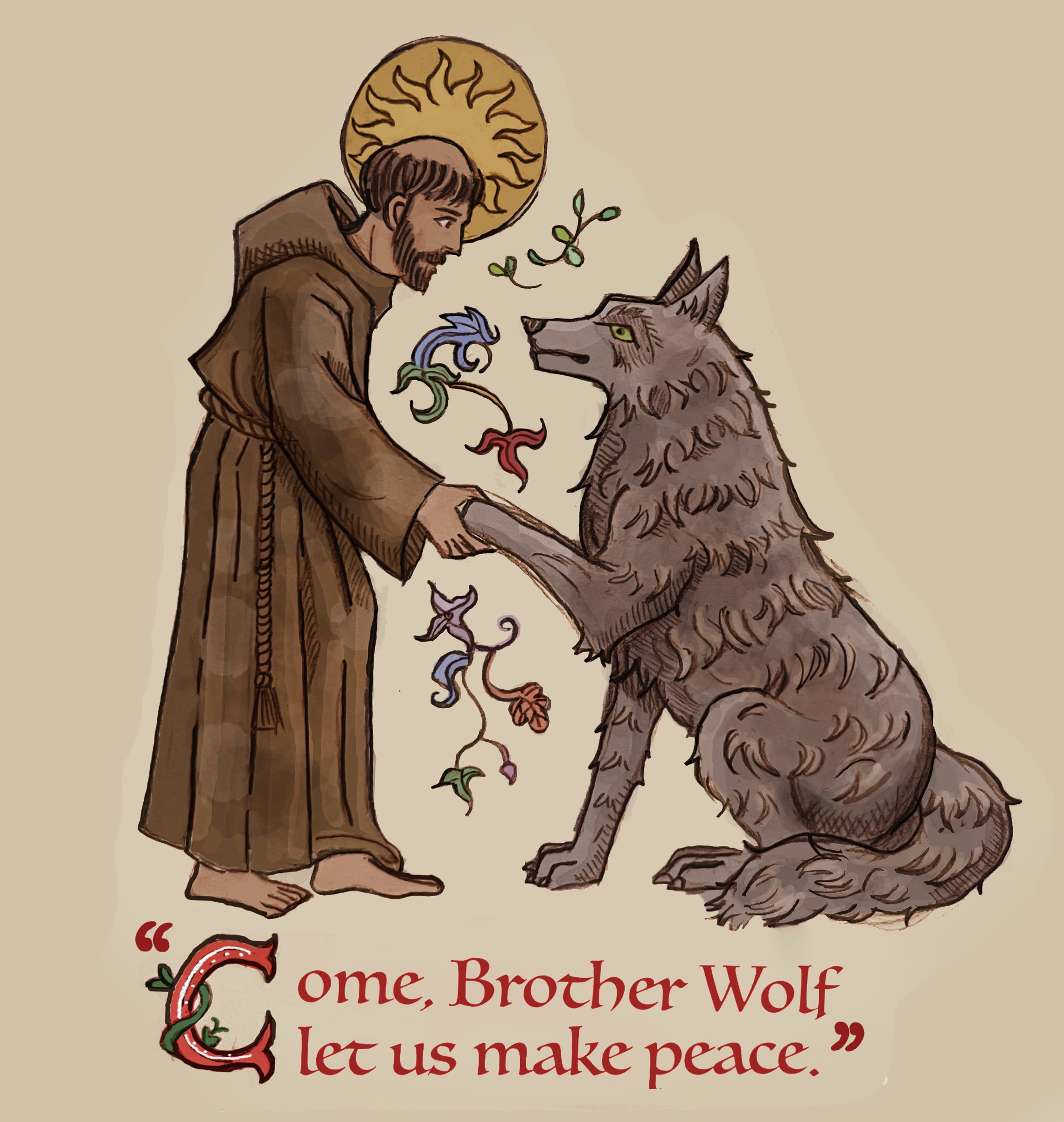 saint francis of assisi, christian mythology, absurdres, highres, 1boy, brown facial hair, brown hair, brown robe, christianity, english text, facial hair, flower, halo, halo behind head, handshake, long sleeves, luxangelae, monk, robe, rope belt, smile, tonsure, wolf