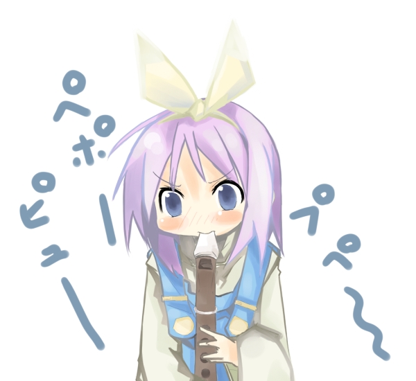 kanikama, hiiragi tsukasa, lucky star, >:), 00s, 1girl, blue eyes, blue hair, bow, female focus, flute, hair ribbon, holding, holding flute, holding instrument, instrument, long sleeves, overalls, pink hair, purple eyes, recorder, ribbon, short hair, simple background, solo, tareme, upper body, v-shaped eyebrows, white background, wide sleeves, yellow bow, yellow ribbon