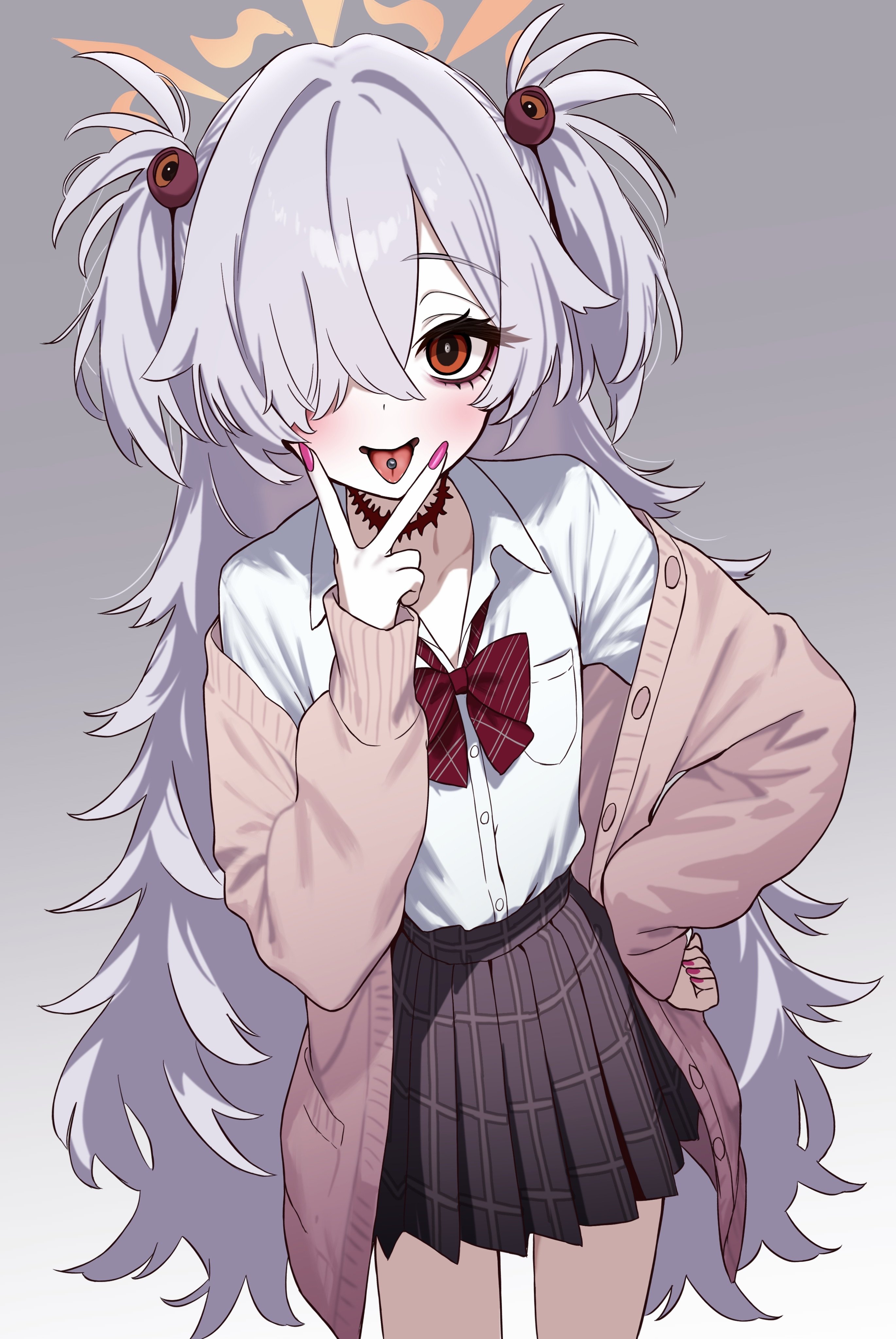 shubashuba, kanoe (blue archive), blue archive, absurdres, highres, 1girl, alternate costume, cardigan, choker, dress, fingernails, grey hair, hair over one eye, halo, long fingernails, long hair, nail polish, piercing, pink cardigan, pink nails, plaid clothes, plaid skirt, pleated skirt, scar, scar on neck, shirt, skirt, tongue piercing, v, white shirt