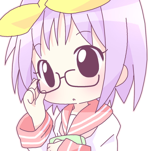 mirai (sugar), hiiragi tsukasa, lucky star, 00s, bespectacled, blue eyes, blue hair, chibi, glasses, school uniform, serafuku, solo