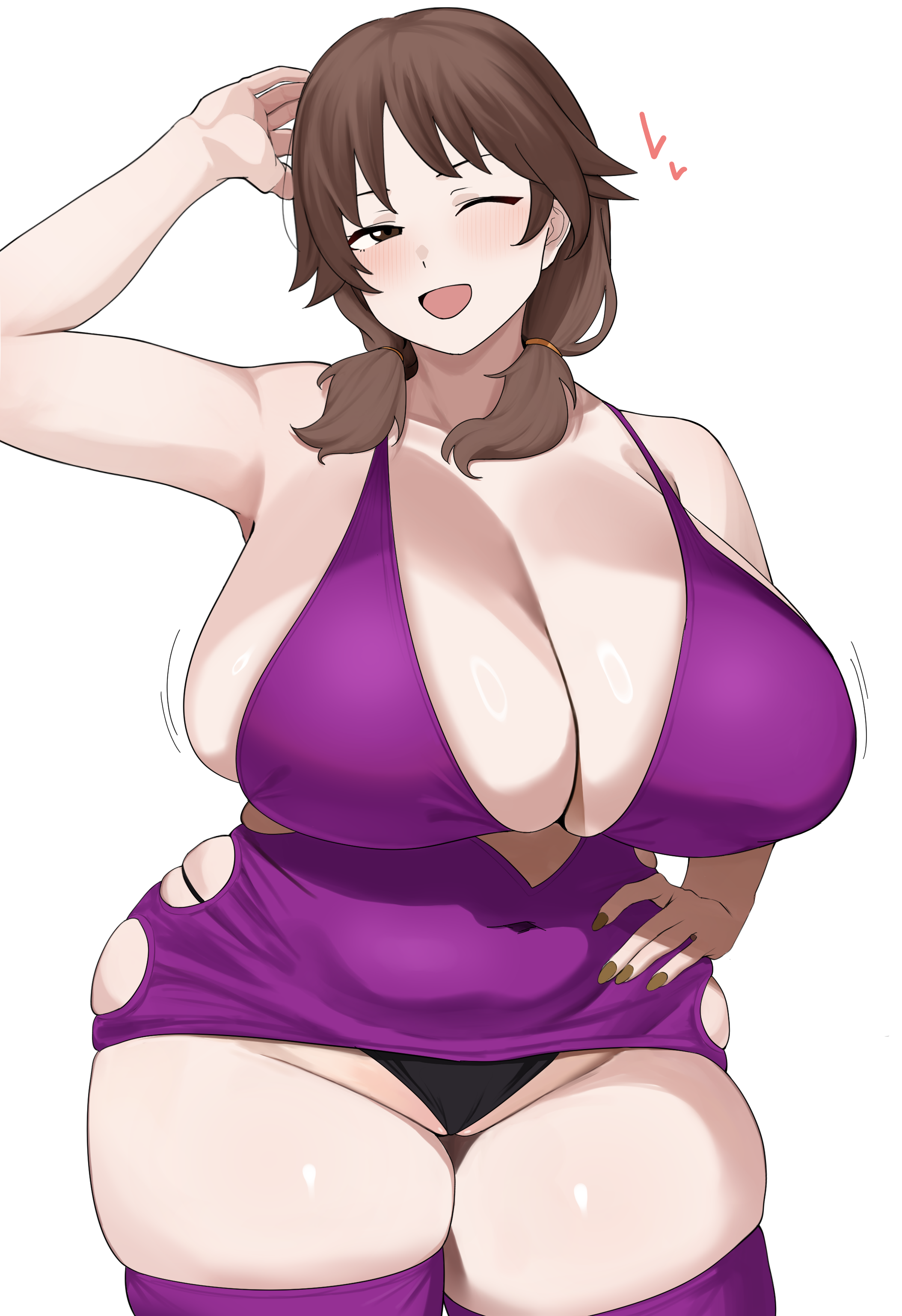 nohohon pictures, katagiri sanae, idolmaster, idolmaster cinderella girls, absurdres, highres, 1girl, alternate breast size (larger), bare shoulders, black panties, blush, breasts, brown eyes, brown hair, cleavage, dress, huge breasts, looking at viewer, low twintails, medium hair, one eye closed, open mouth, panties, purple dress, short dress, short twintails, smile, solo, thighhighs, thighs, twintails, underwear