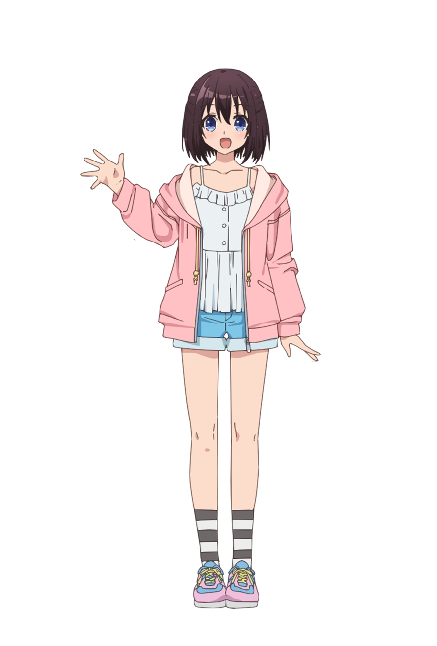 tsunako, ogata kanna (engage kiss), engage kiss, highres, official art, 1girl, :d, anime coloring, blue eyes, blue shorts, blush, breasts, brown hair, camisole, collarbone, full body, half updo, hand up, hood, hood down, hoodie, looking at viewer, open clothes, open hands, open hoodie, open mouth, palms, pink hoodie, pink shoes, shoes, short hair, short shorts, shorts, simple background, small breasts, smile, sneakers, socks, solo, spread fingers, standing, striped clothes, striped socks, thighs, transparent background, white camisole, white socks