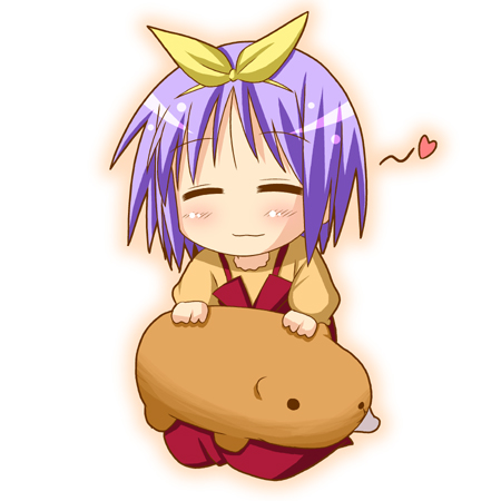 minami (colorful palette), capybara-san, hiiragi tsukasa, lucky star, lowres, non-web source, 00s, blue eyes, blue hair, capybara, casual, closed eyes, hair ribbon, purple hair, ribbon, short hair, solo, stuffed animal, stuffed toy