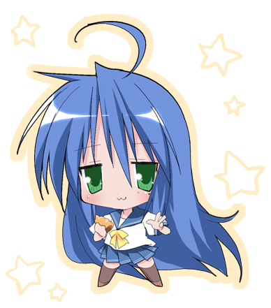 izumi konata, lucky star, lowres, 00s, 1girl, :3, ahoge, blue hair, chibi, female focus, green eyes, long hair, mole, mole under eye, school uniform, serafuku, solo, star (symbol)
