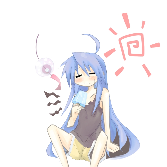kanikama, izumi konata, lucky star, 00s, 1girl, ahoge, blue hair, female focus, food, green eyes, long hair, mole, mole under eye, popsicle, shorts, sitting, solo, sweat, tank top