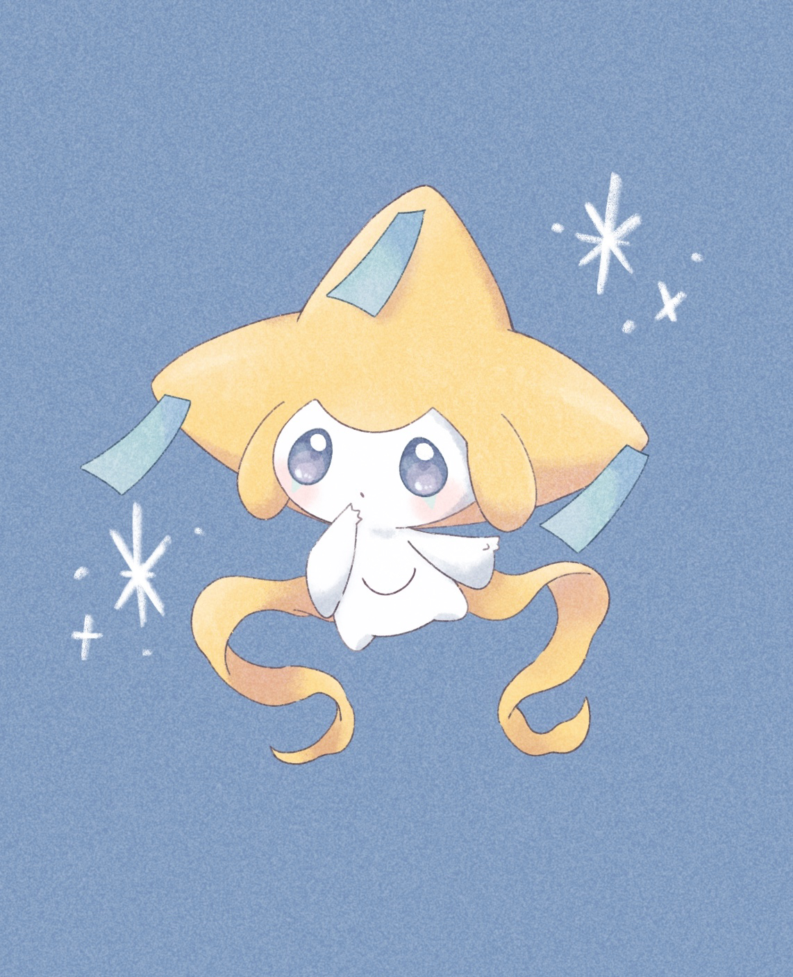 appyon (archangel ayp), jirachi, nintendo, pokemon, commentary request, highres, blue background, blue eyes, closed mouth, full body, gen 3 pokemon, legendary pokemon, mythical pokemon, no humans, pokemon (creature), pokemon focus, simple background, solo