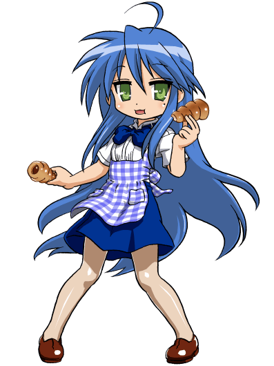 bandabekken, izumi konata, lucky star, 00s, 1girl, ahoge, apron, blouse, blue bow, blue bowtie, blue hair, bow, bowtie, brown pantyhose, brown shoes, chocolate cornet, female focus, food, gingham apron, green eyes, kobeya uniform, long hair, mole, mole under eye, pantyhose, plaid apron, plaid clothes, shirt, shoes, simple background, solo, very long hair, waitress, white background, white shirt