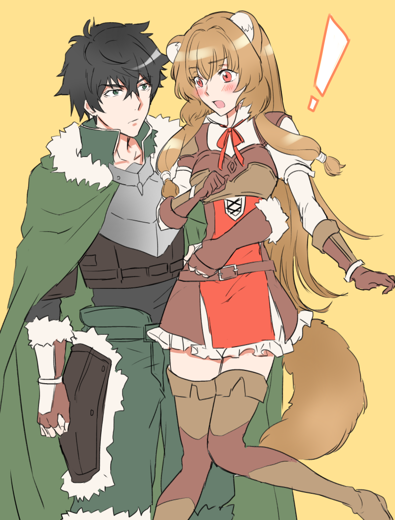 niwata0, iwatani naofumi, raphtalia, tate no yuusha no nariagari, commentary request, !, 1boy, 1girl, animal ear fluff, animal ears, armor, armored gloves, black hair, black shirt, blonde hair, blush, boots, breastplate, breasts, brown boots, brown dress, brown gloves, brown hair, brown shirt, chest guard, cloak, collarbone, collared dress, collared shirt, couple, cowboy shot, dress, elbow gloves, foot out of frame, fur-trimmed armor, fur-trimmed boots, fur-trimmed cloak, fur-trimmed gloves, fur trim, gloves, green cloak, green eyes, hair between eyes, hair tubes, hetero, high collar, knee boots, layered dress, leather armor, lifting person, long hair, long sleeves, looking at another, male focus, messy hair, metal arm cuffs, metal wrist cuffs, muneate, neck ribbon, pauldrons, raccoon ears, raccoon girl, raccoon tail, red dress, red eyes, red ribbon, ribbon, shirt, short hair, shoulder armor, simple background, sleeveless, sleeveless dress, small breasts, straight hair, surprised, tail, tassets, thigh boots, thighhighs, two-tone dress, white dress, zettai ryouiki