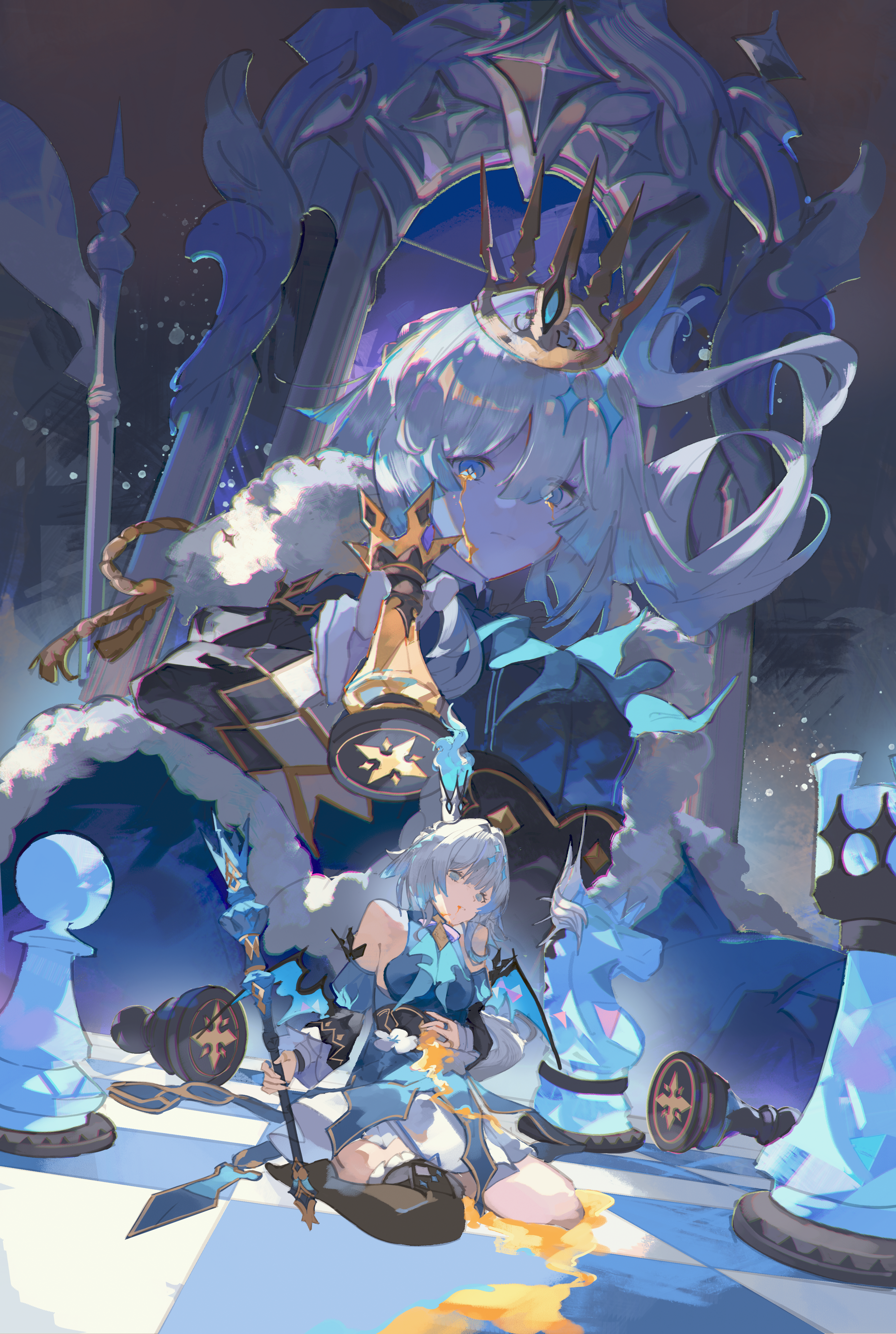 saturn (saturn illus), cerydra (honkai: star rail), honkai: star rail, honkai (series), absurdres, commentary, highres, 2girls, asymmetrical footwear, bare shoulders, bleeding, blood, blood from mouth, bloody tears, blue dress, blue eyes, blue hair, breasts, cape, chess piece, chessboard, crown, diamond-shaped pupils, diamond (shape), dress, dual persona, empty eyes, expressionless, floating hair, fur-trimmed cape, fur trim, hair intakes, hand on own stomach, holding, holding chess piece, holding scepter, injury, knight (chess), long hair, looking at viewer, medium breasts, mini crown, multiple girls, pawn (chess), pool of blood, queen (chess), rook (chess), scepter, single thighhigh, sitting, sitting on throne, size difference, symbol-shaped pupils, thighhighs, throne, uneven footwear, wariza, yellow blood