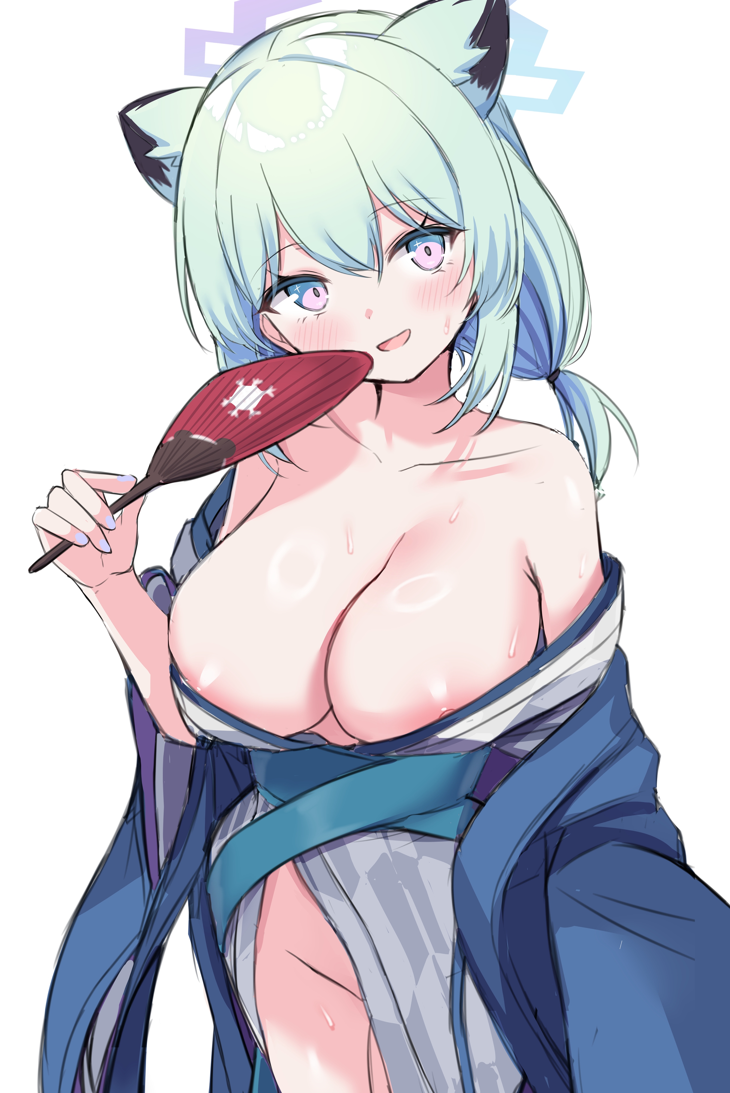onibi (will o wisp24), shigure (blue archive), shigure (hot spring) (blue archive), blue archive, absurdres, highres, 1girl, animal ears, aqua hair, areola slip, blue halo, breasts, cleavage, collarbone, grey kimono, groin, halo, hand fan, holding, holding fan, japanese clothes, kimono, large breasts, looking at viewer, multicolored halo, official alternate costume, open mouth, purple halo, short hair, simple background, smile, weasel ears, weasel girl, white background, yukata