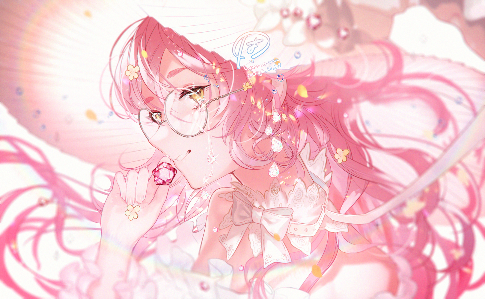hamaru log, original, highres, bow, collar, crystal, gem, glasses, hat, pink hair, smile, tears, witch
