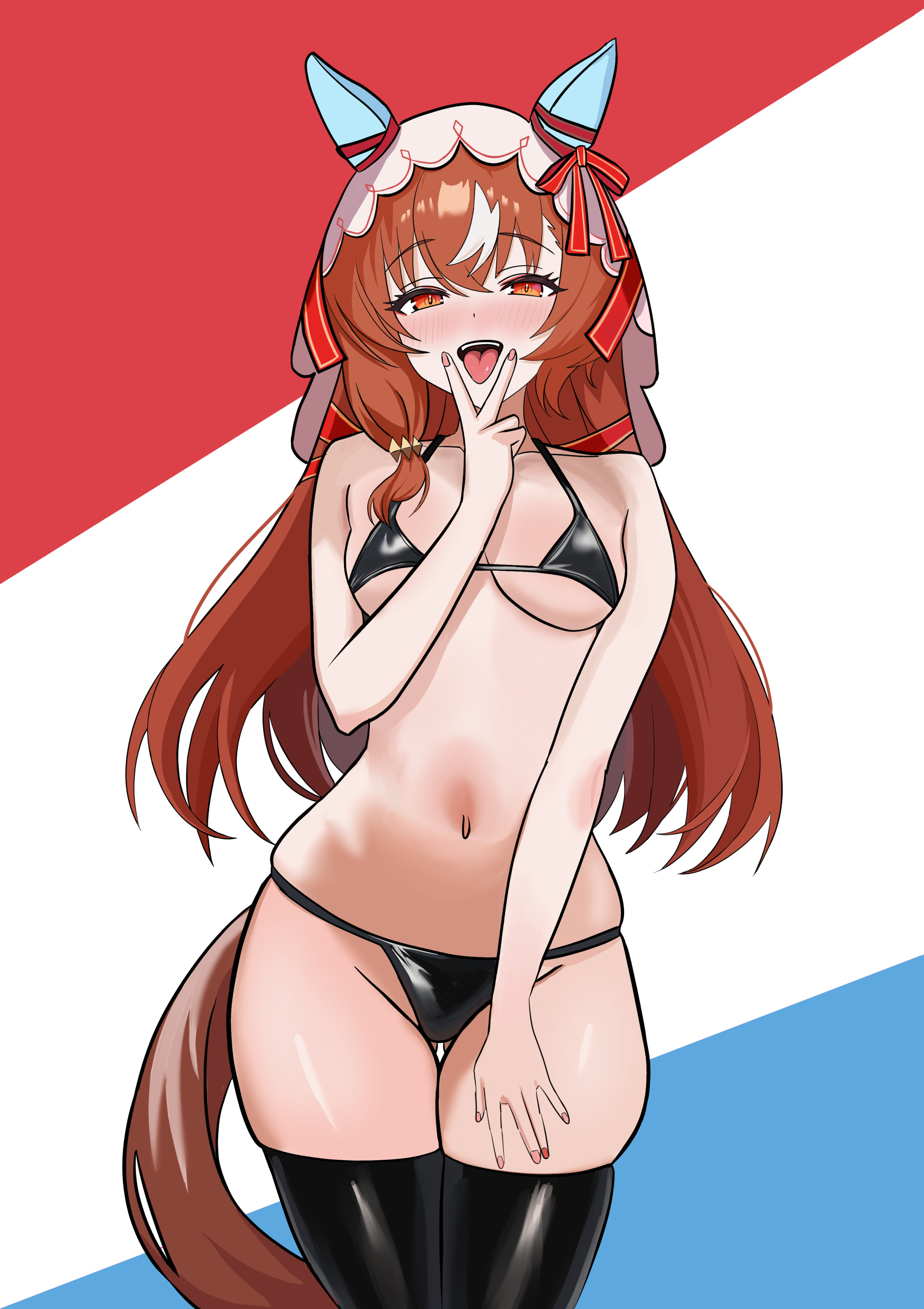still in love (umamusume), umamusume, absurdres, highres, 1girl, animal ears, bikini, black bikini, black thighhighs, breasts, bridal veil, cowboy shot, g bael suomi, gluteal fold, horse ears, horse girl, horse tail, long hair, medium breasts, multicolored hair, nail polish, navel, orange eyes, red eyes, red nails, skindentation, solo, streaked hair, swimsuit, tail, thick thighs, thighhighs, thighs, tongue, tongue out, veil, very long hair