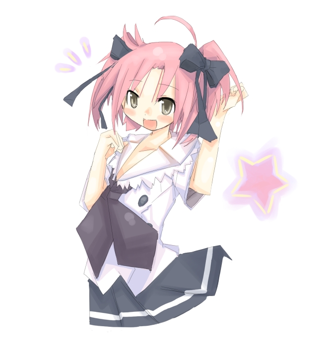 kanikama, kogami akira, lucky star, 00s, 1girl, :d, ^^^, ahoge, black bow, black neckerchief, black skirt, blush, bow, brown eyes, collarbone, female focus, flat chest, hair bow, hand up, long hair, looking at viewer, neckerchief, open mouth, pink hair, pleated skirt, red hair, school uniform, serafuku, shirt, short sleeves, simple background, skirt, smile, solo, star (symbol), tareme, twintails, white background, white shirt, yellow eyes