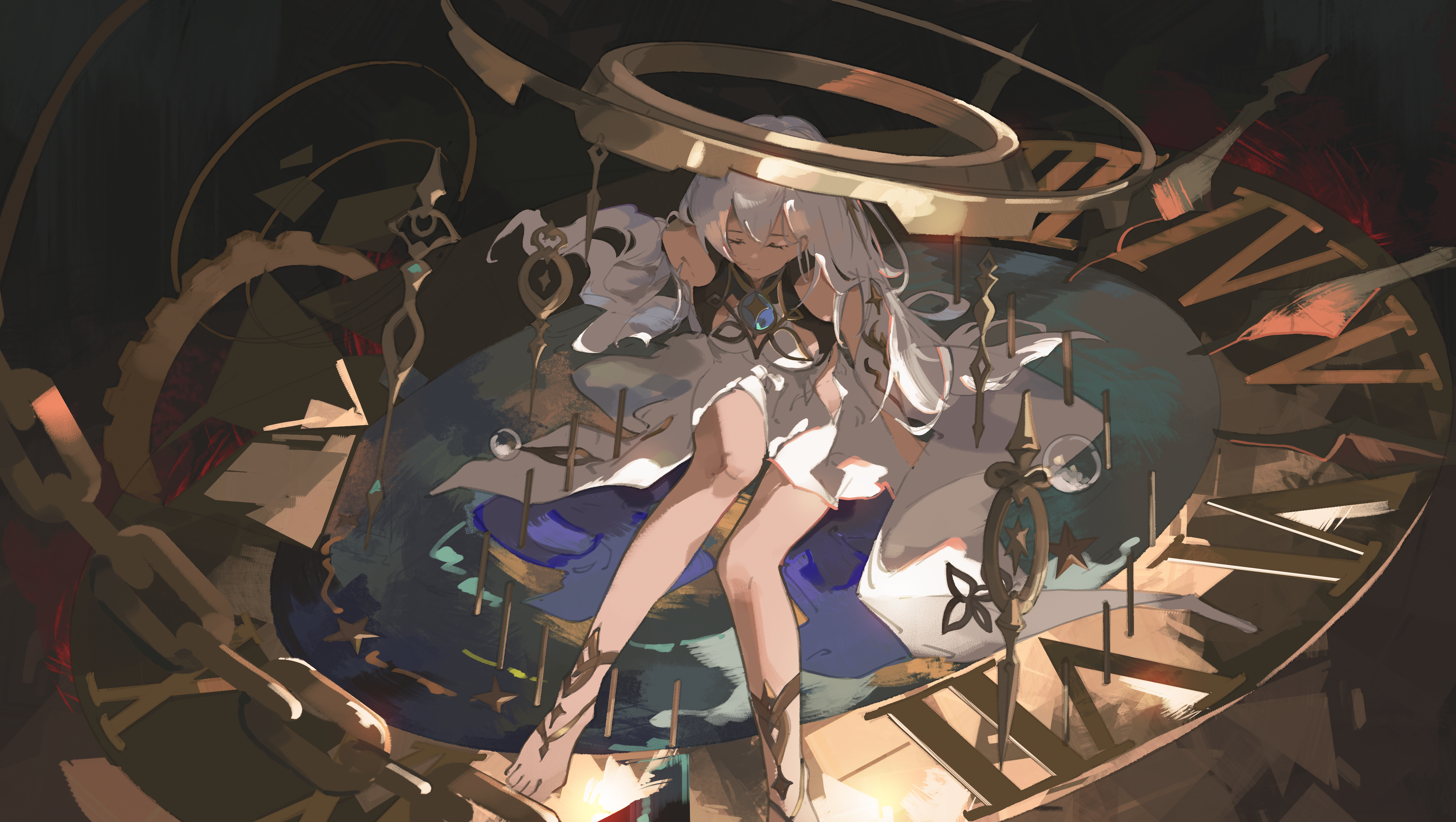 saturn (saturn illus), istaroth (genshin impact), genshin impact, absurdres, commentary, english commentary, highres, 1girl, bare shoulders, barefoot, chain, clock, closed eyes, detached sleeves, dress, gears, halo, long hair, off-shoulder dress, off shoulder, roman numeral, sitting, solo, very long hair, white dress, white hair, white sleeves