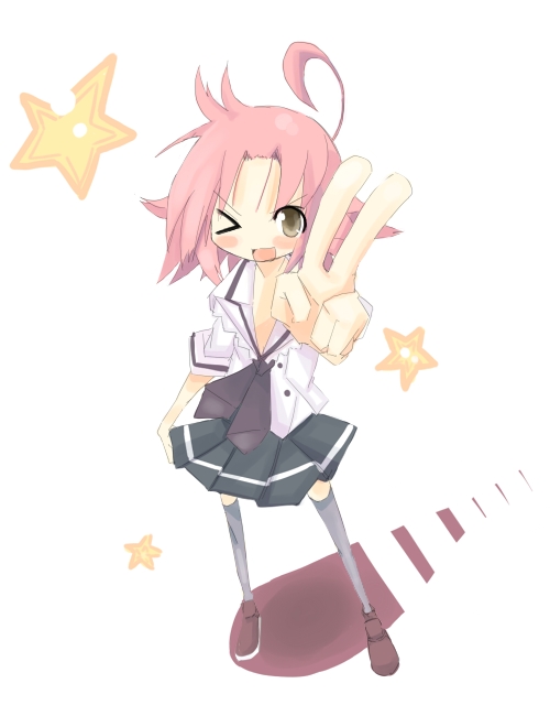 kanikama, kogami akira, lucky star, 00s, red hair, school uniform, serafuku, solo, thighhighs, v, yellow eyes