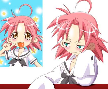 kogami akira, lucky star, lowres, 00s, green eyes, pink hair, school uniform, serafuku, yellow eyes