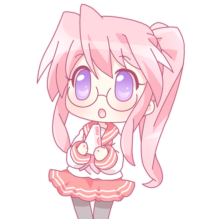 mirai (sugar), takara miyuki, lucky star, 00s, glasses, pink hair, ponytail, purple eyes, school uniform, serafuku