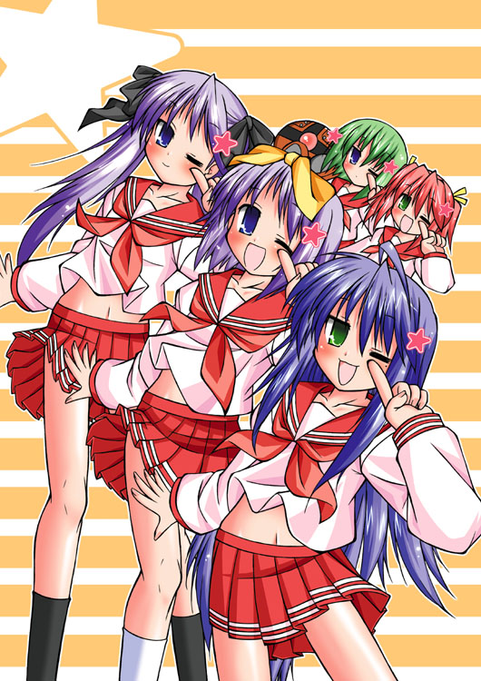 hiiragi kagami, hiiragi tsukasa, iwasaki minami, izumi konata, kobayakawa yutaka, lucky star, 00s, 5girls, blue eyes, blue hair, green eyes, green hair, mole, mole under eye, multiple girls, one eye closed, red hair, school uniform, serafuku, sisters, twins