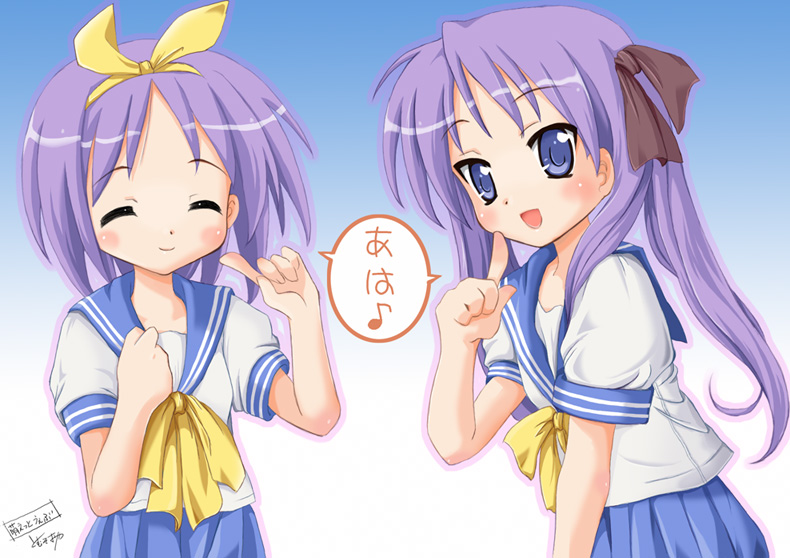 tomusooya, hiiragi kagami, hiiragi tsukasa, lucky star, 00s, 2girls, :d, ^ ^, blue background, blue eyes, blue hair, blue sailor collar, blue skirt, bow, bowtie, closed eyes, hair ribbon, index finger raised, looking at viewer, multiple girls, open mouth, pleated skirt, puffy short sleeves, puffy sleeves, ribbon, sailor collar, school uniform, serafuku, shirt, short sleeves, siblings, sidelocks, simple background, sisters, skirt, smile, twins, twintails, v, white shirt, yellow bow, yellow bowtie