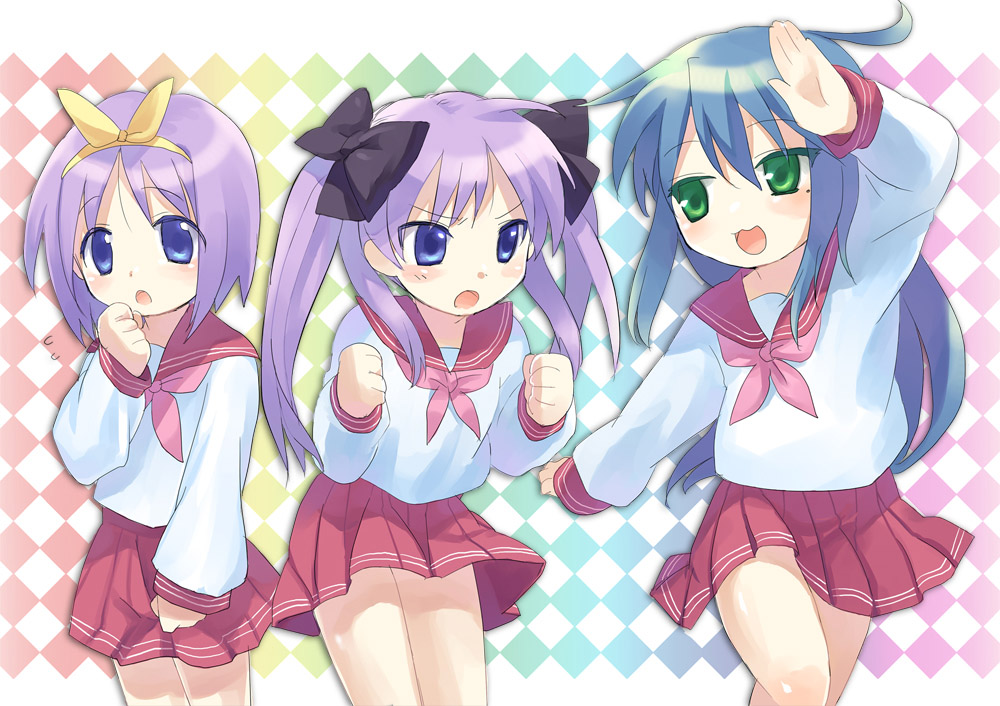 hiiragi kagami, hiiragi tsukasa, izumi konata, lucky star, 00s, 3girls, :d, ahoge, blue eyes, blue hair, cowboy shot, green eyes, long hair, long sleeves, mole, mole under eye, multiple girls, open mouth, pink hair, pleated skirt, purple eyes, red ribbon, red skirt, ribbon, school uniform, serafuku, short hair, siblings, sisters, skirt, smile, standing, twins, very long hair