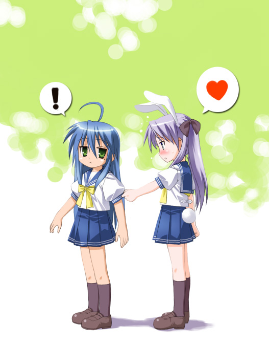 umekichi, hiiragi kagami, izumi konata, lucky star, bunny girl, !, 00s, 2girls, ahoge, animal ears, blue hair, green eyes, hair ribbon, heart, kneehighs, long hair, mole, mole under eye, multiple girls, purple hair, rabbit ears, ribbon, school uniform, serafuku, socks, speech bubble, spoken exclamation mark, spoken heart, yuri
