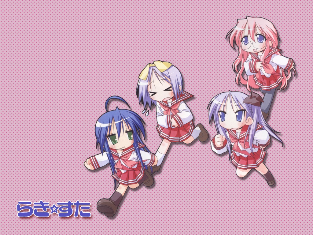 hiiragi kagami, hiiragi tsukasa, izumi konata, takara miyuki, lucky star, 00s, 4girls, blue eyes, blue hair, glasses, green eyes, multiple girls, pink hair, school uniform, serafuku, siblings, sisters, twins