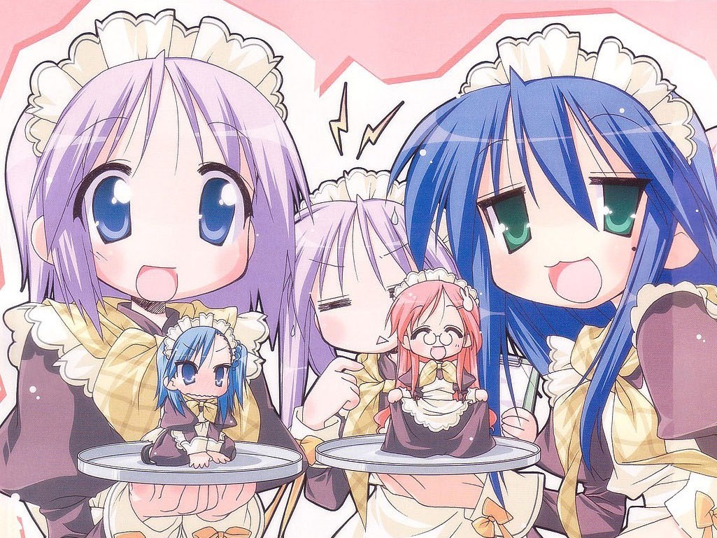 hiiragi kagami, hiiragi tsukasa, izumi konata, miyakawa hikage, miyakawa hinata, lucky star, miyakawa-ke no kuufuku, 00s, 10s, 5girls, = =, alternate costume, blue eyes, blue hair, enmaided, glasses, green eyes, maid, mole, mole under eye, multiple girls, pink hair, siblings, sisters, twins