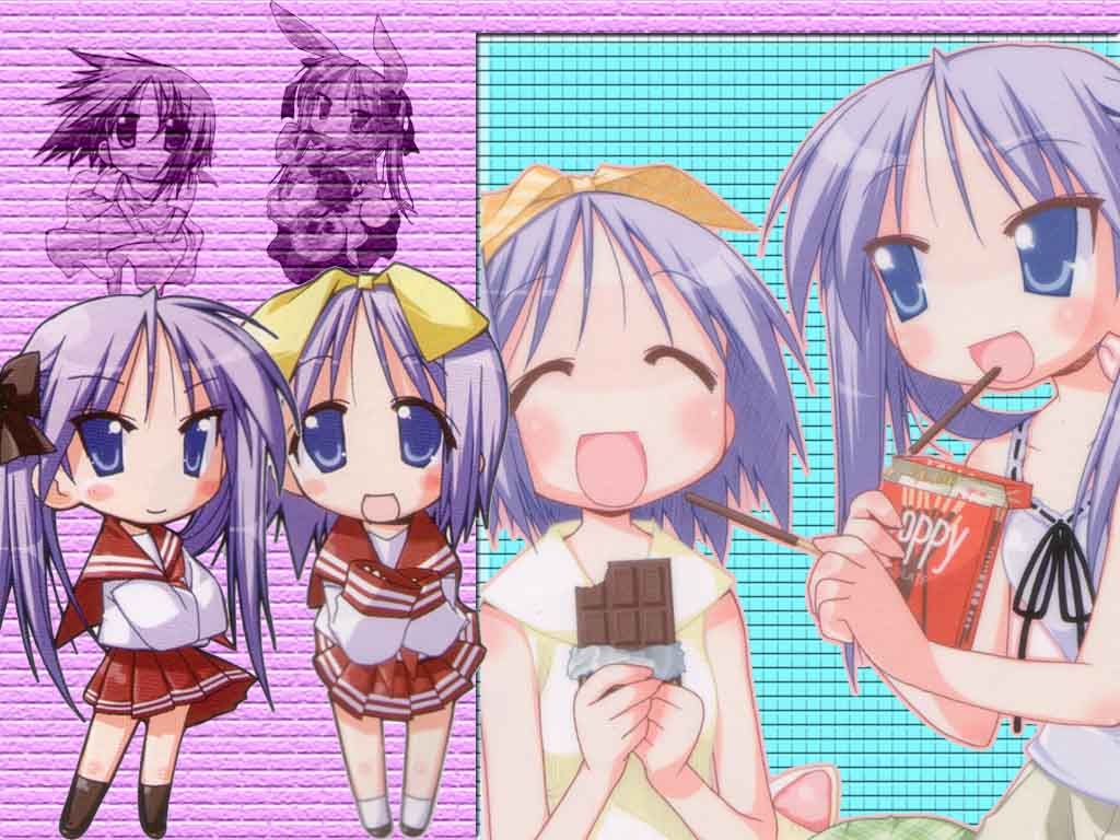 hiiragi kagami, hiiragi tsukasa, lucky star, 00s, 2girls, blue eyes, blue hair, chibi, multiple girls, school uniform, serafuku, siblings, sisters, twins