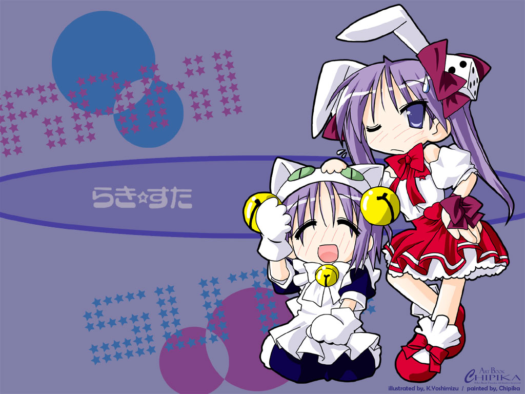 yoshimizu kagami, dejiko, hiiragi kagami, hiiragi tsukasa, usada hikaru, di gi charat, lucky star, bunny girl, official art, official wallpaper, 2girls, animal ears, blue eyes, blue hair, cat ears, cosplay, dejiko (cosplay), maid, multiple girls, rabbit ears, siblings, sisters, twins, usada hikaru (cosplay)