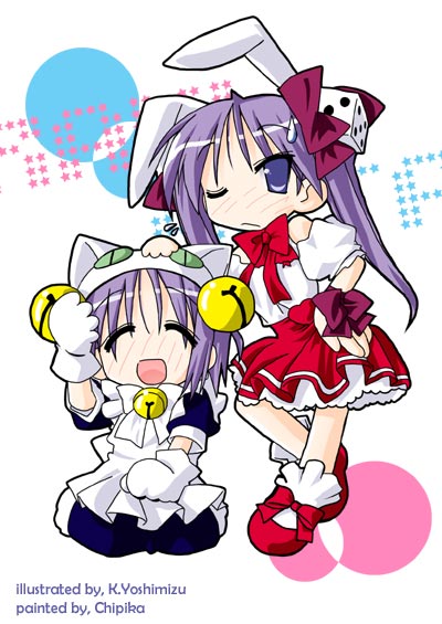 hiiragi kagami, hiiragi tsukasa, lucky star, 00s, 2girls, animal ears, blue eyes, blue hair, cat ears, fake animal ears, maid, multiple girls, rabbit ears, siblings, sisters, skirt, standing, twins