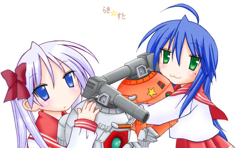 hiiragi kagami, izumi konata, lucky star, 00s, blue eyes, blue hair, green eyes