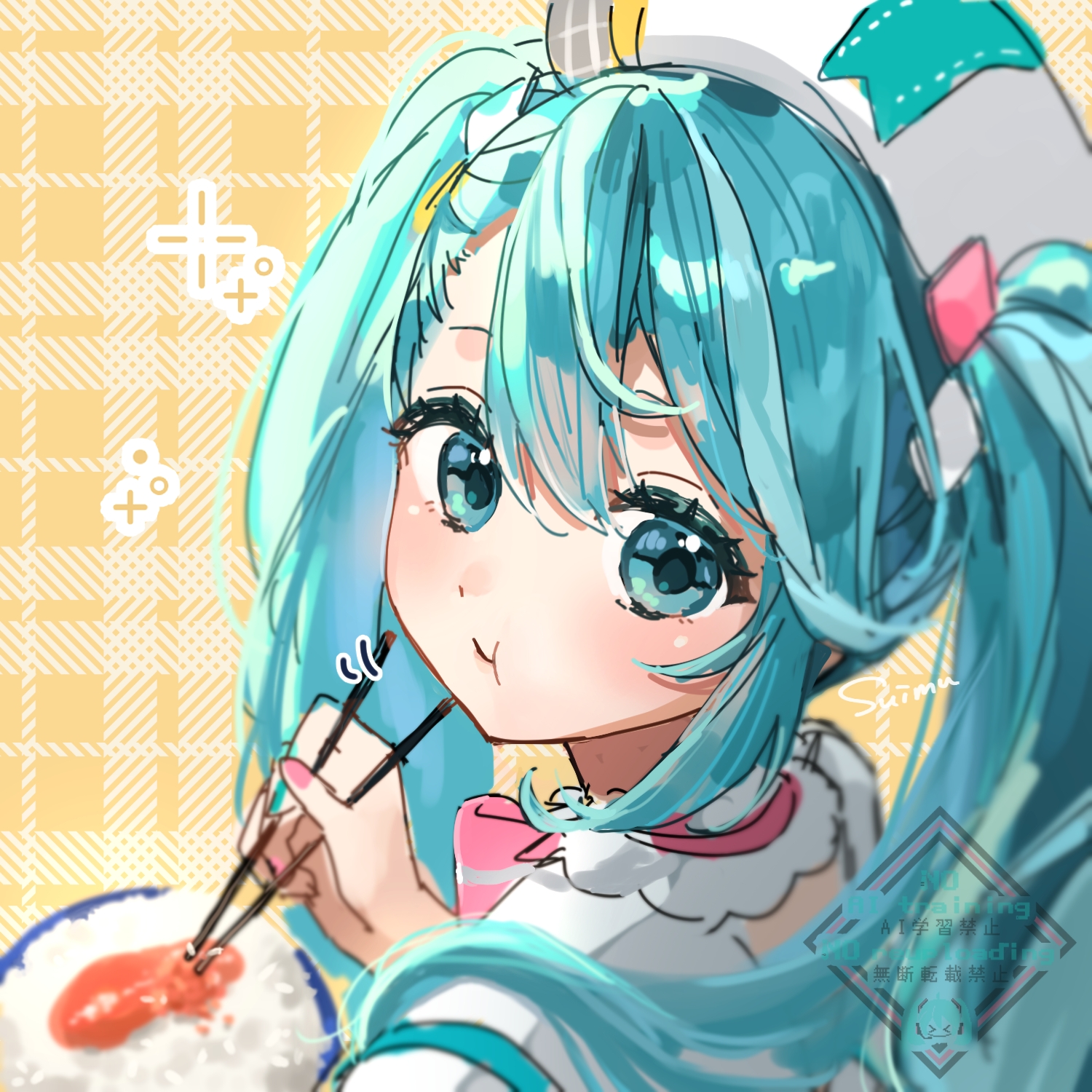 mallow (di fushang), hatsune miku, magical mirai miku, magical mirai miku (2024), magical mirai (vocaloid), vocaloid, commentary request, highres, 1girl, :t, blue eyes, blue hair, chopsticks, closed mouth, double-parted bangs, eating, hair between eyes, hat, holding, holding chopsticks, long hair, looking at viewer, portrait, rice, shirt, solo, twintails, watermark, white hat, white shirt, yellow background