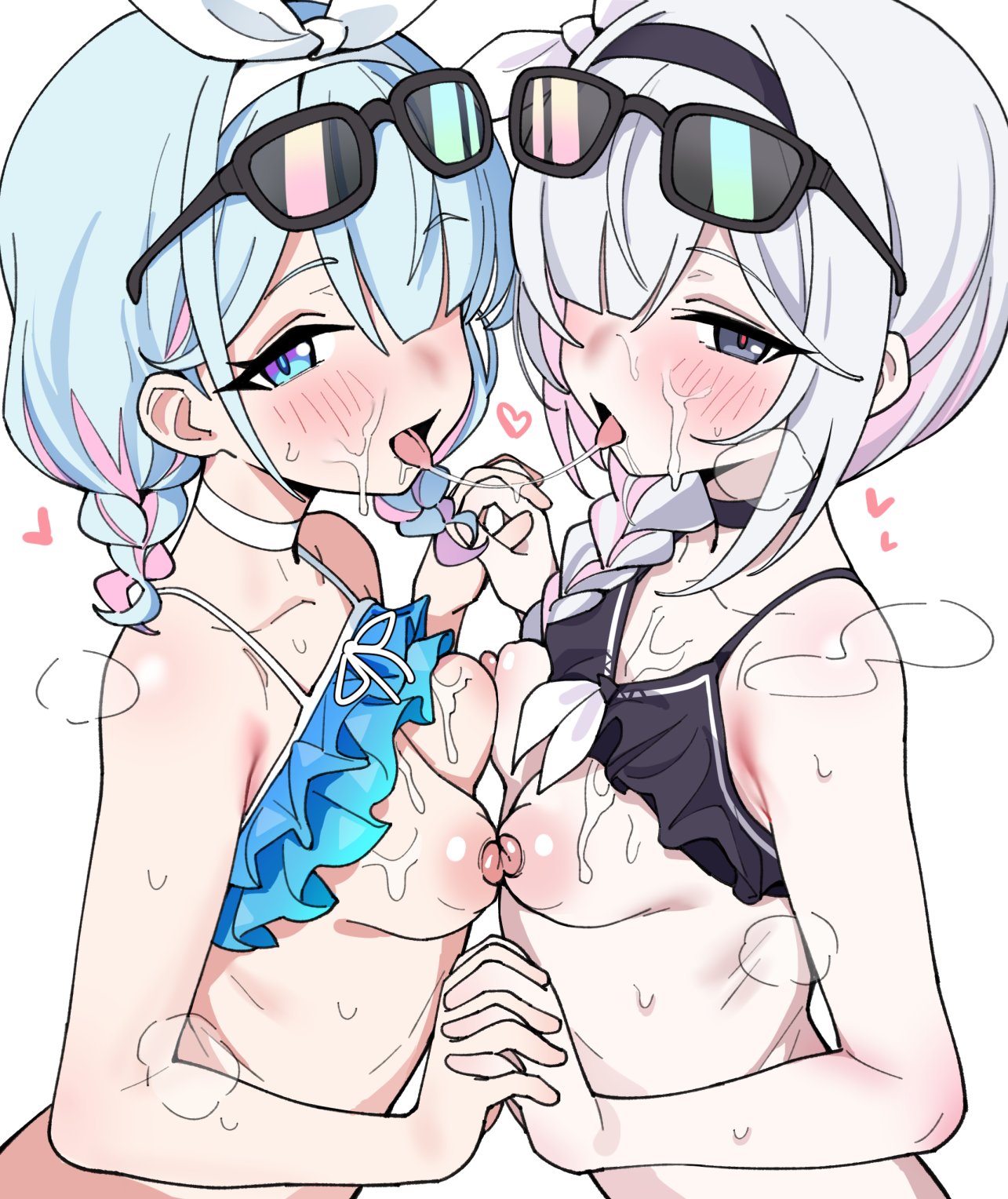 rong hui, arona (blue archive), plana (blue archive), blue archive, commentary, highres, symbol-only commentary, 2girls, bare arms, bare shoulders, bikini, bikini top lift, black choker, black hairband, blue eyes, blue pupils, blunt ends, blush, bow, bow hairband, braid, breast press, breasts, breasts out, choker, clothes lift, collarbone, colored inner hair, cum, cum on body, cum on breasts, cum on upper body, eyewear on head, facial, frilled bikini, frills, from side, grey eyes, hair bow, hair over one eye, hair over shoulder, hairband, holding hands, interlocked fingers, long hair, looking at viewer, low twin braids, medium hair, multicolored hair, multiple girls, nipples, official alternate costume, official alternate hairstyle, open mouth, pale skin, parted bangs, pink hair, pink pupils, puffy nipples, ruffle bikini, saliva, saliva trail, shiny skin, side braid, sidelocks, sideways glance, simple background, small breasts, sunglasses, sweat, swimsuit, symmetrical docking, tongue, tongue out, twin braids, upper body, white background, white bow, white choker, white hair, yuri