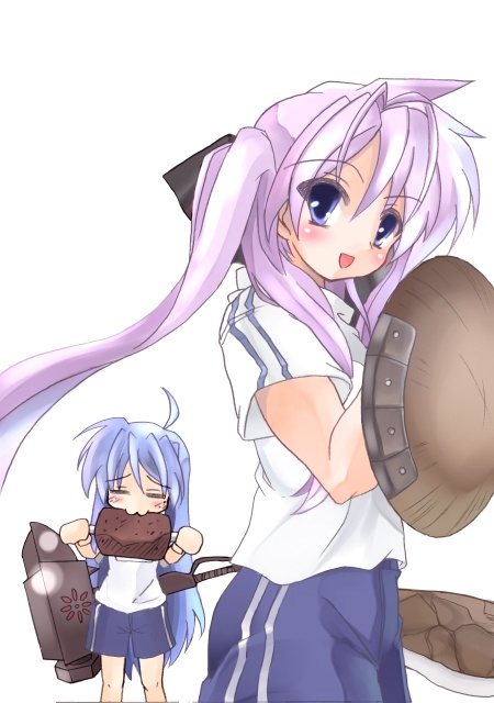 rikuto, hiiragi kagami, izumi konata, lucky star, 00s, 2girls, :d, ahoge, blue eyes, blue hair, gym uniform, hat, holding, holding unworn clothes, holding unworn hat, long hair, looking at viewer, mole, mole under eye, multiple girls, open mouth, pink hair, purple eyes, shirt, short sleeves, shorts, simple background, smile, sportswear, twintails, unworn hat, unworn headwear, white background, white shirt