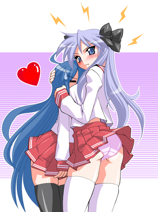 sakura ryuken, sakura ryuuken, hiiragi kagami, izumi konata, lucky star, black legwear, white legwear, 00s, 2girls, ahoge, ass, blue eyes, blue hair, blush, breast smother, breasts, female focus, hair ribbon, heart, long hair, long sleeves, miniskirt, multiple girls, panties, pantyshot, pleated skirt, purple hair, red skirt, ribbon, school uniform, serafuku, skirt, smother, sweatdrop, thighhighs, twintails, underwear, very long hair, yuri, zettai ryouiki