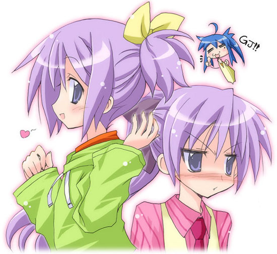 hijiri rue, ruzeygarg, hiiragi kagami, hiiragi tsukasa, izumi konata, lucky star, 00s, 3girls, alternate hairstyle, blue eyes, blue hair, mole, mole under eye, multiple girls, necktie, ponytail, siblings, sisters, twins