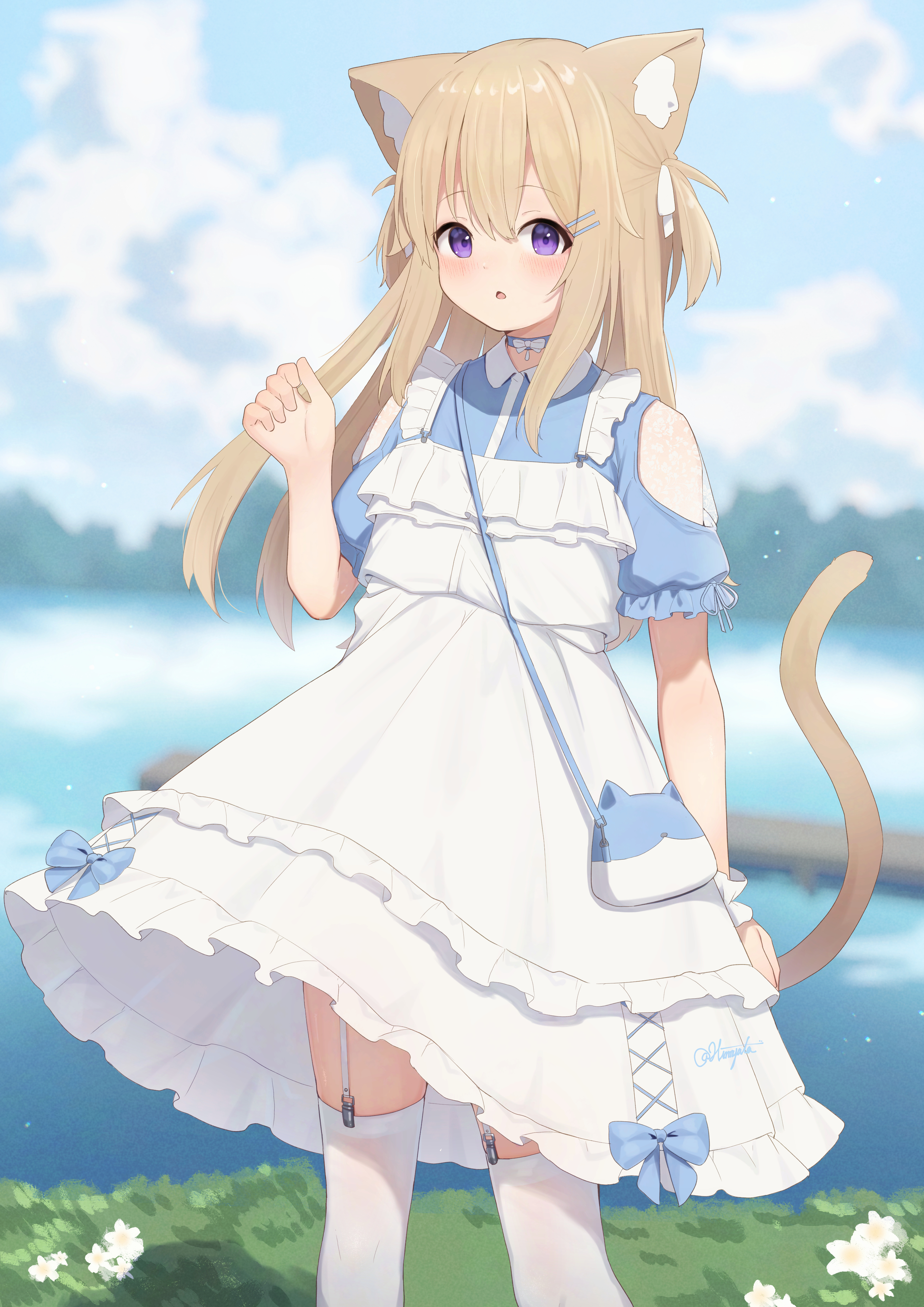 hinata (user rjkt4745), original, absurdres, commentary request, highres, 1girl, animal ear fluff, animal ears, bag, cat ears, cat girl, cat tail, clothing cutout, day, dress, garter straps, hair ornament, hand up, long hair, outdoors, purple eyes, short sleeves, shoulder bag, shoulder cutout, solo, tail, thighhighs, white thighhighs