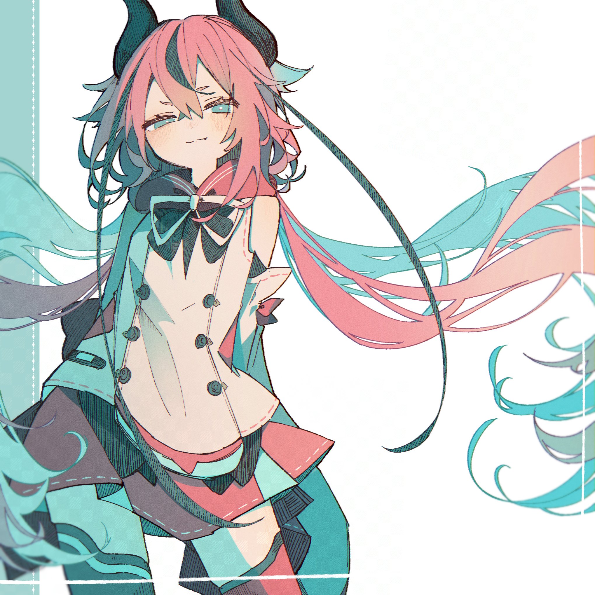 kokonama, meika hime, vocaloid, hashtag-only commentary, highres, 1girl, bare shoulders, black bow, black bowtie, black horns, blush, bow, bowtie, closed mouth, cowboy shot, detached sleeves, double-parted bangs, green eyes, hair between eyes, horns, inset border, long hair, long sleeves, looking at viewer, low twintails, miniskirt, pink hair, red sailor collar, red skirt, red thighhighs, sailor collar, shirt, simple background, skirt, sleeveless, sleeveless shirt, solo, thighhighs, twintails, white background, white shirt, white sleeves, wide sleeves, zettai ryouiki