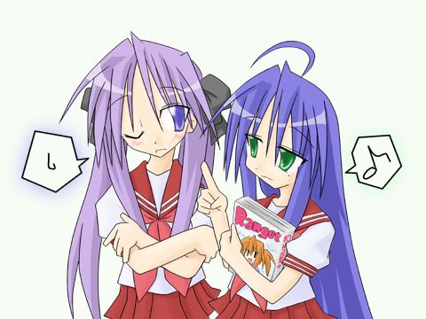 hiiragi kagami, izumi konata, lucky star, lowres, 00s, blue eyes, blue hair, green eyes, school uniform, serafuku