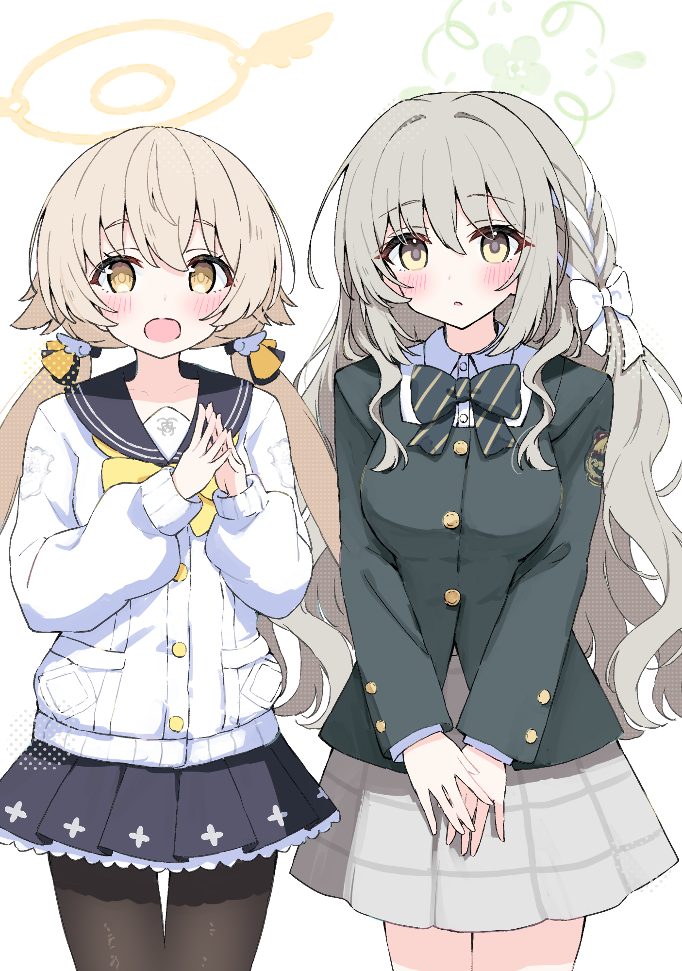 sateto (user knrf2332), hifumi (blue archive), blue archive, highres, 2girls, :o, black pantyhose, black skirt, blazer, blonde hair, blush, bow, bowtie, braid, breasts, cardigan, diagonal-striped bow, diagonal-striped bowtie, diagonal-striped clothes, green halo, green jacket, grey skirt, hair between eyes, hair ornament, hair ribbon, halo, jacket, long hair, long sleeves, looking at viewer, low twintails, miyo (blue archive), multiple girls, open mouth, pantyhose, petticoat, ribbon, ribbon braid, sailor collar, school uniform, shirt, simple background, skirt, smile, steepled fingers, striped bow, striped bowtie, striped clothes, twintails, white cardigan, white shirt, wing hair ornament, winged halo, yellow eyes, yellow halo