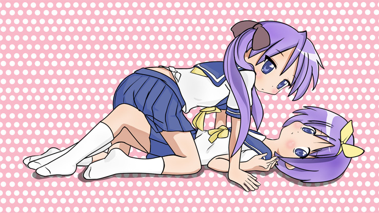 hiiragi kagami, hiiragi tsukasa, lucky star, 00s, 2girls, blue eyes, blue hair, lying, multiple girls, on back, school uniform, serafuku, sisters, twins