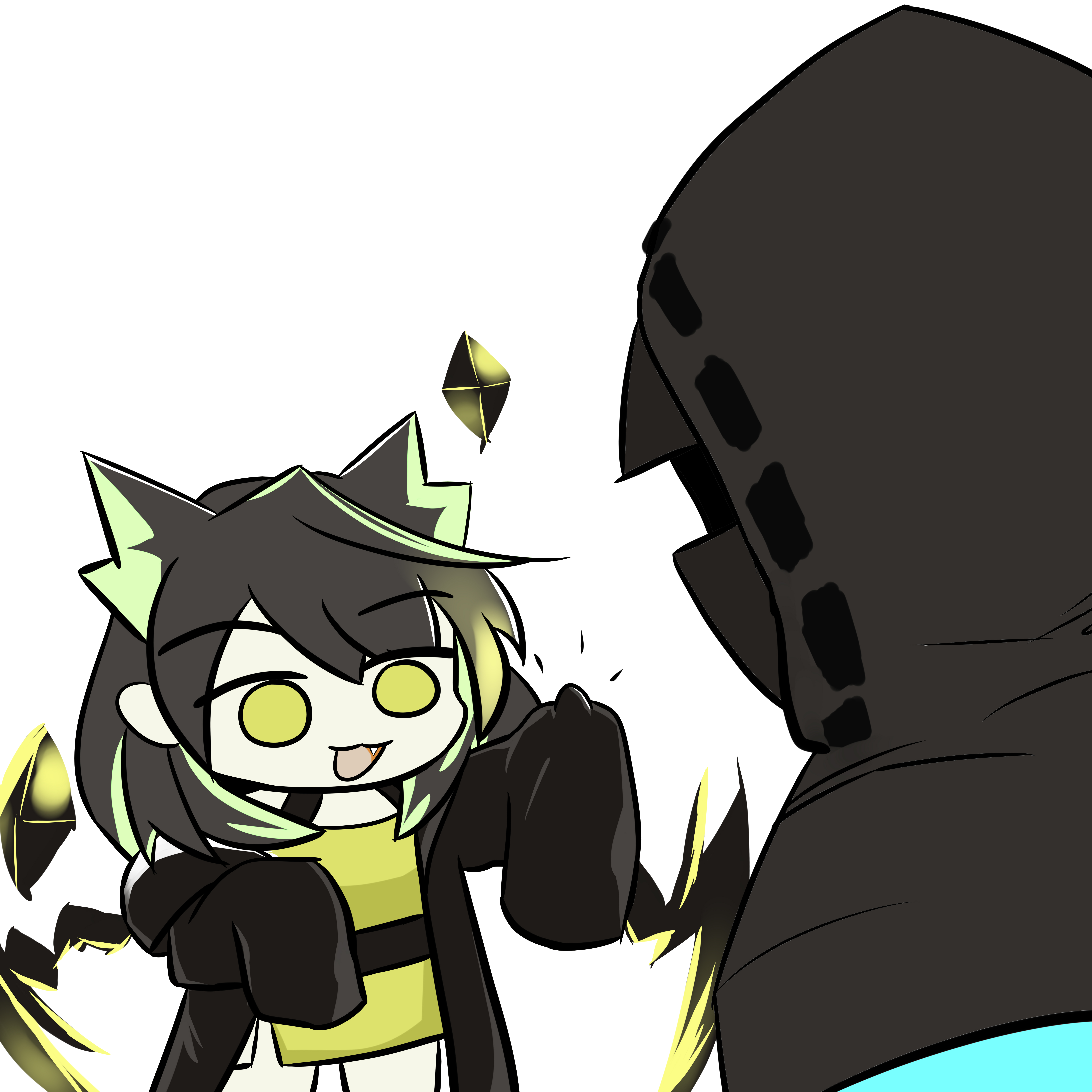 doctor (arknights), mon3tr (arknights), arknights, absurdres, commentary, english commentary, highres, 1girl, 1other, animal ears, black hair, black jacket, cat ears, colored inner hair, cowboy shot, dress, from side, green dress, green eyes, green hair, hood, hood up, jacket, long sleeves, looking at another, medium hair, multicolored hair, simple background, sleeves past fingers, sleeves past wrists, sucakvo, upper body, white background