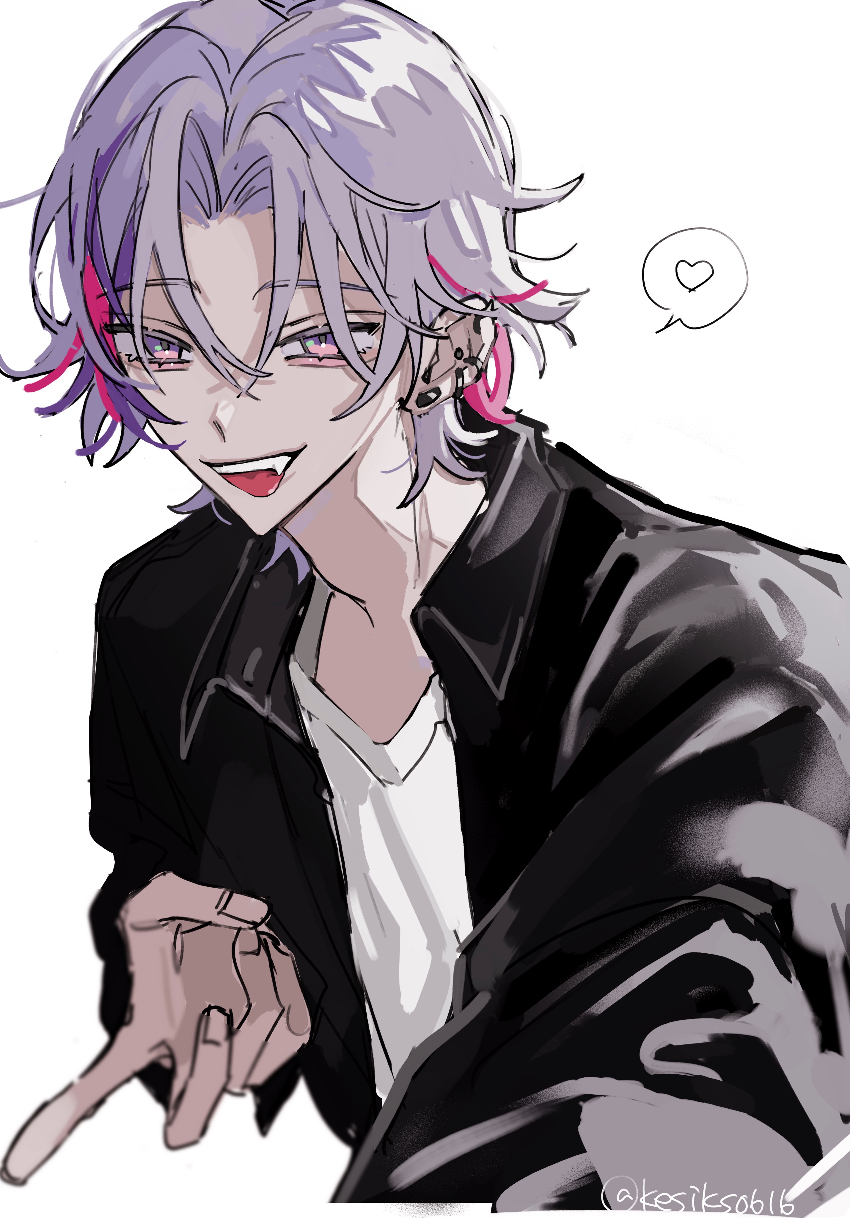 kesiks0616, fuwa minato, nijisanji, absurdres, commentary, highres, symbol-only commentary, 1boy, black jacket, ear piercing, heart, jacket, long sleeves, male focus, multicolored hair, open clothes, open jacket, open mouth, piercing, pink eyes, pink hair, purple hair, shirt, short hair, simple background, sketch, smile, solo, spoken heart, streaked hair, tongue, tongue out, twitter username, upper body, virtual youtuber, white background, white shirt