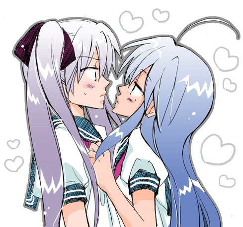 hiiragi kagami, izumi konata, lucky star, lowres, 00s, 2girls, blue hair, blush, long hair, mole, mole under eye, multiple girls, purple hair, school uniform, serafuku, standing, upper body