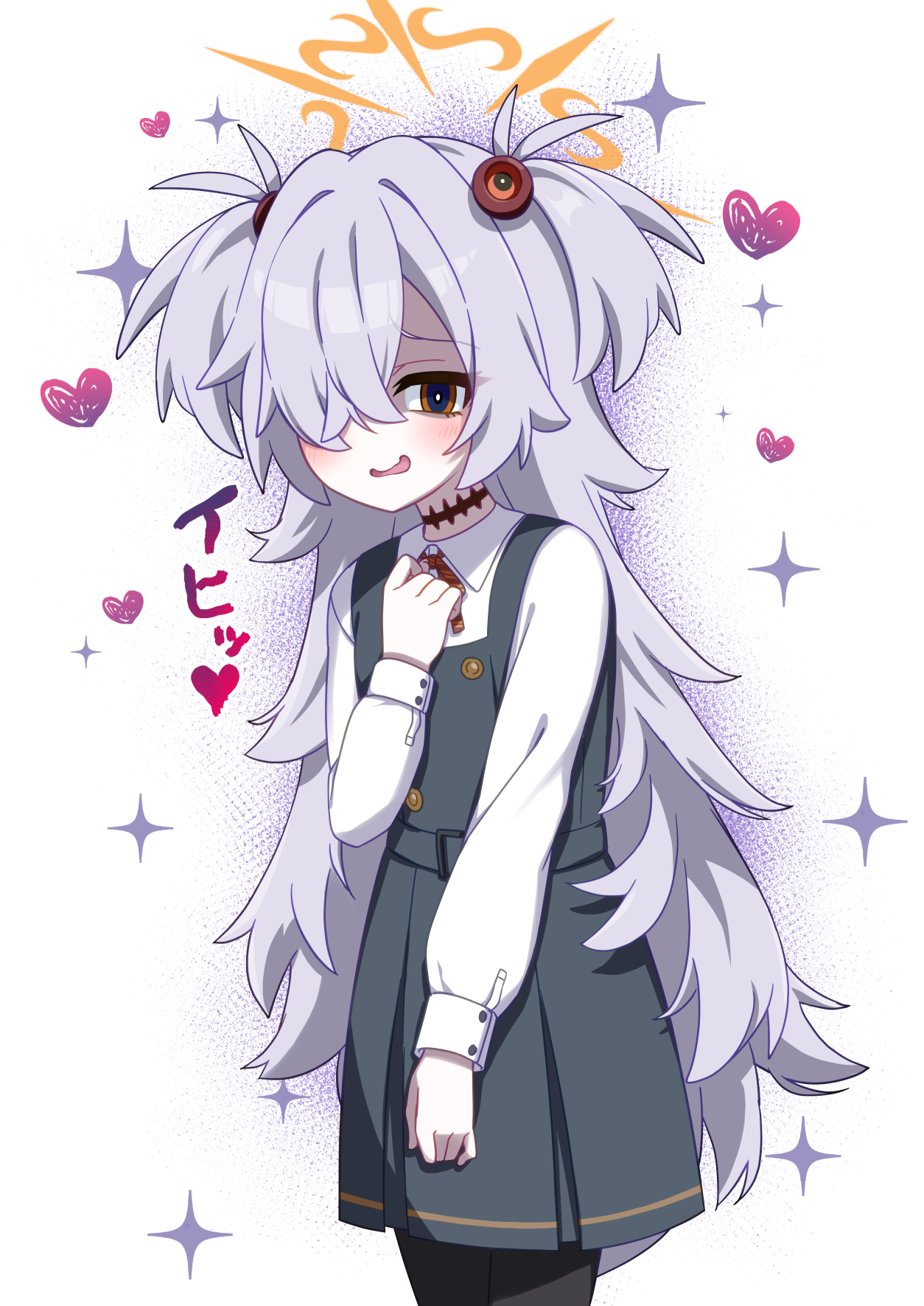 kirisame mia, kanoe (blue archive), blue archive, commentary request, highres, 1girl, black choker, black skirt, brown eyes, choker, grey hair, hair over one eye, halo, heart, long hair, long sleeves, looking at viewer, open mouth, orange halo, shirt, skirt, solo, two side up, white shirt